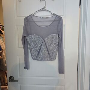 Kimchi Blue Gray Silver Long Sleeve Bustier Crop Blouse